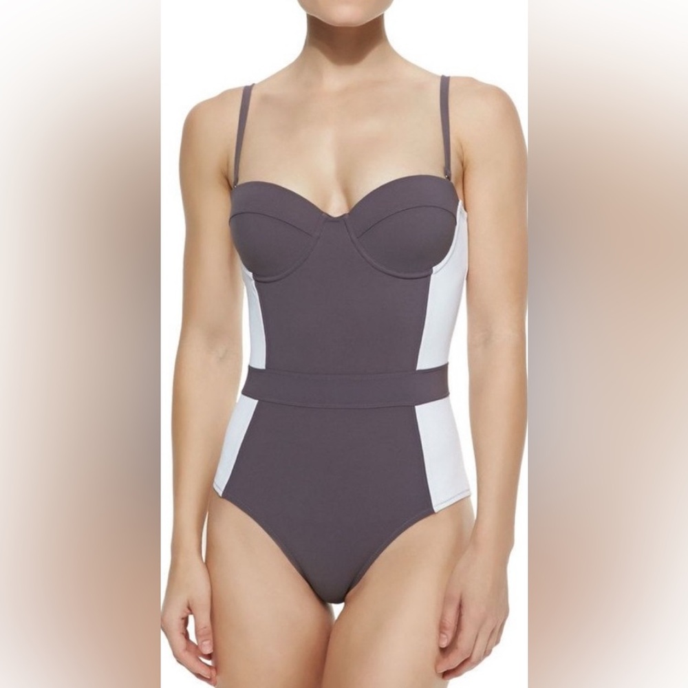 Tory Burch Gray and White One Piece Swimsuit with Sweetheart Neckline